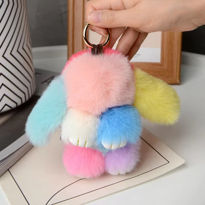 Fluffy Fur Pompom Rabbit Keychain Women Cute Bunny Key Chain Female Bag Car Charms Trinket Hare Toy Jewelry Party Gift