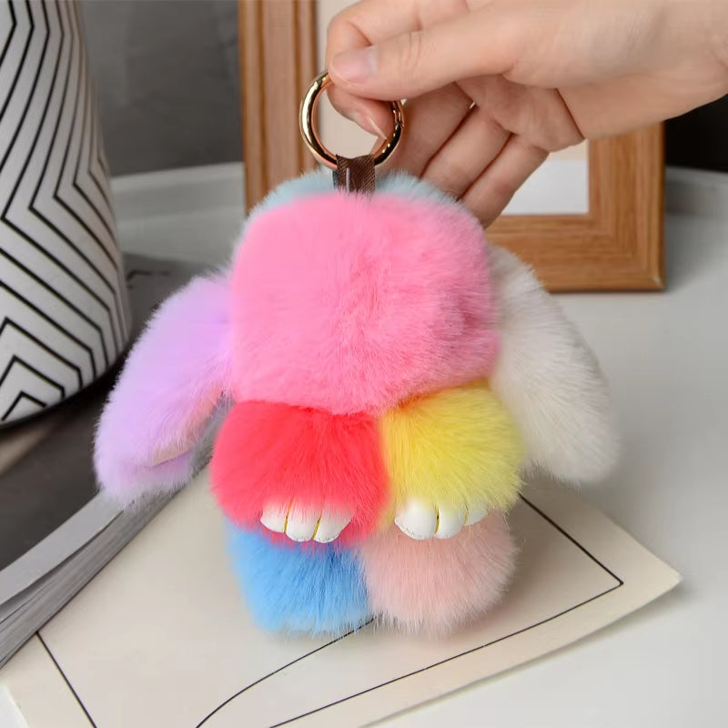 Fluffy Fur Pompom Rabbit Keychain Women Cute Bunny Key Chain Female Bag Car Charms Trinket Hare Toy Jewelry Party Gift